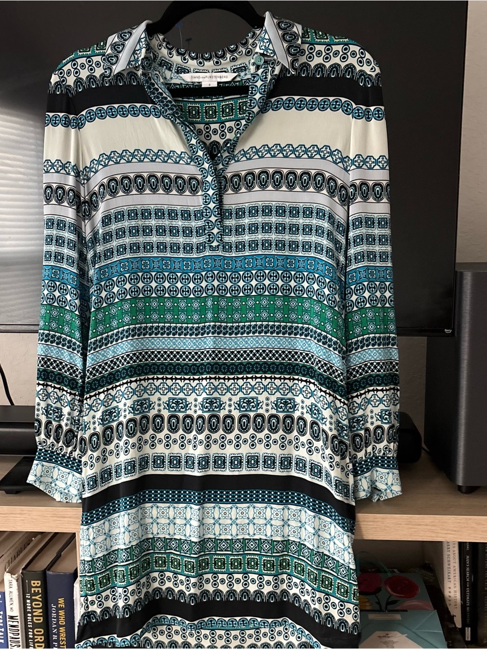 Diane Von Furstenberg Green, Teal & Black Patterned Long-Sleeve Dress silk midi
